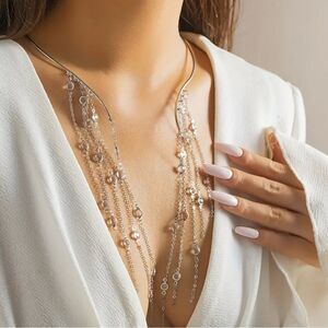 Silver-Tone Rhinestone Tassel Necklace NWT